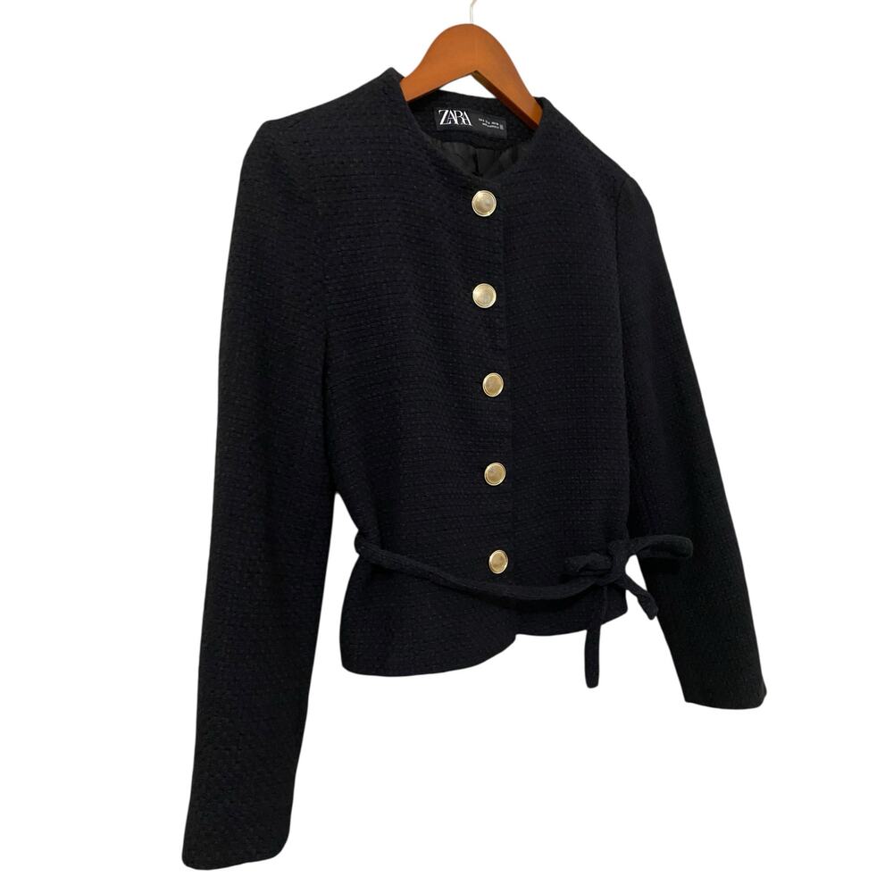 Zara Structured Blazer Lady Jacket Small Black Belted Gold Buttons Preppy Trendy - Picture 13 of 16
